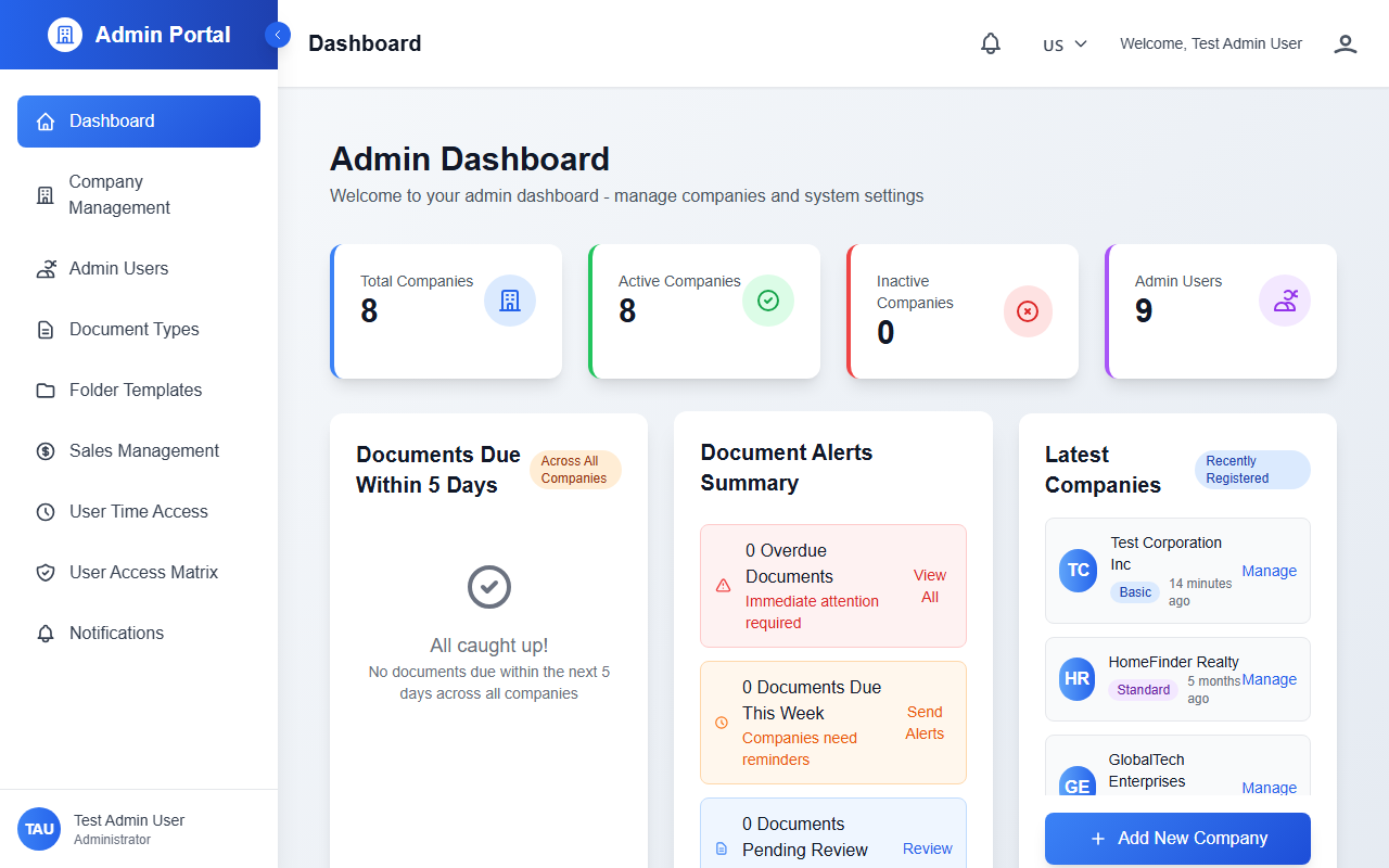 TacSmart admin dashboard with document alerts